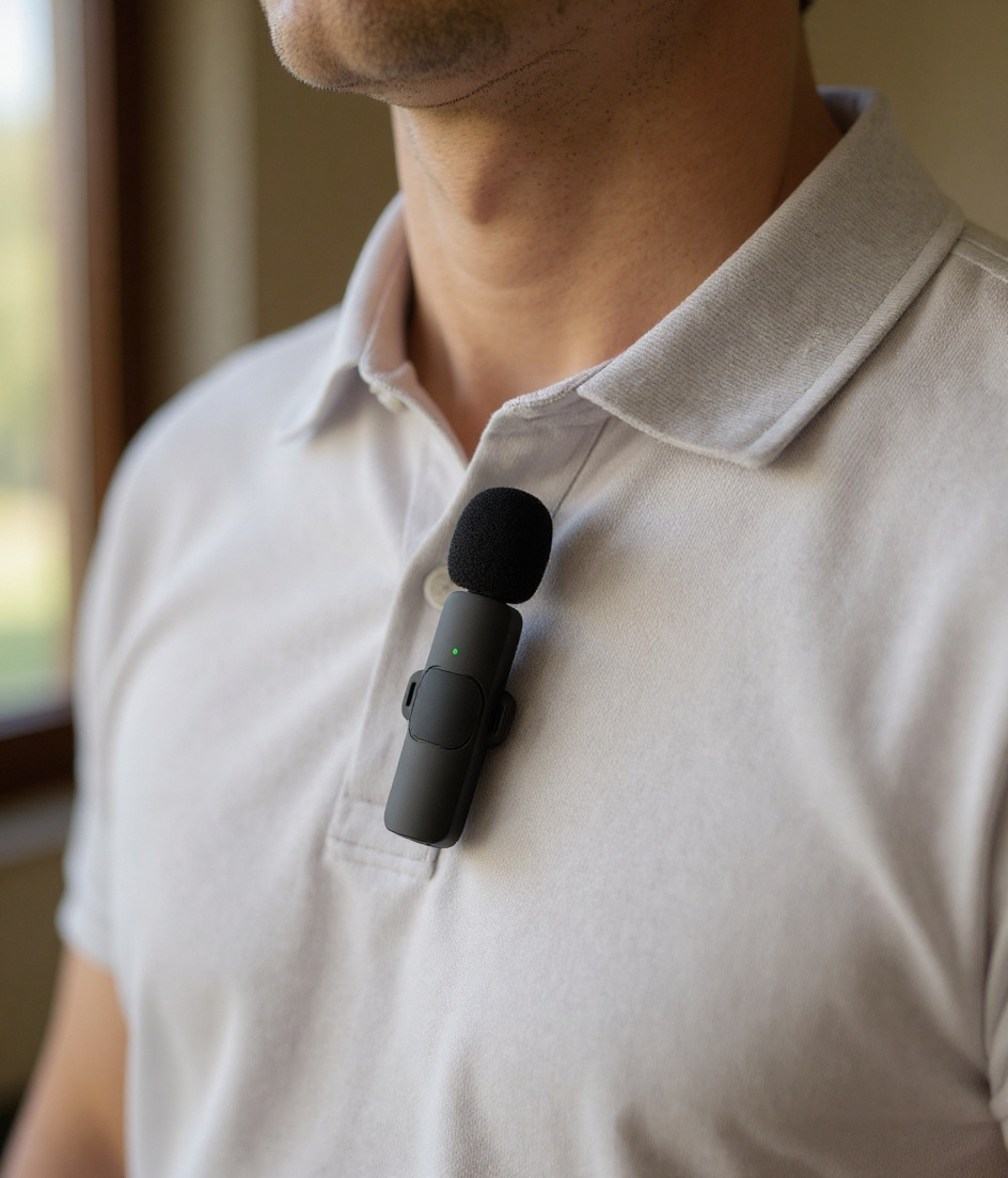 Yini mic clipped to a polo shirt collar, showing how small and discreet it looks when worn