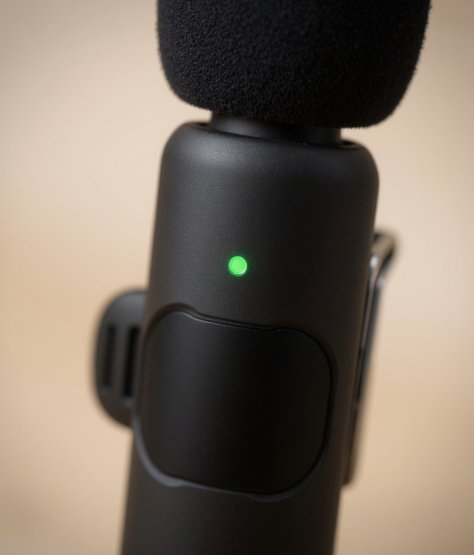Extreme close-up of Yini mic showing green LED indicator, matte-black body texture, and spring clip mechanism