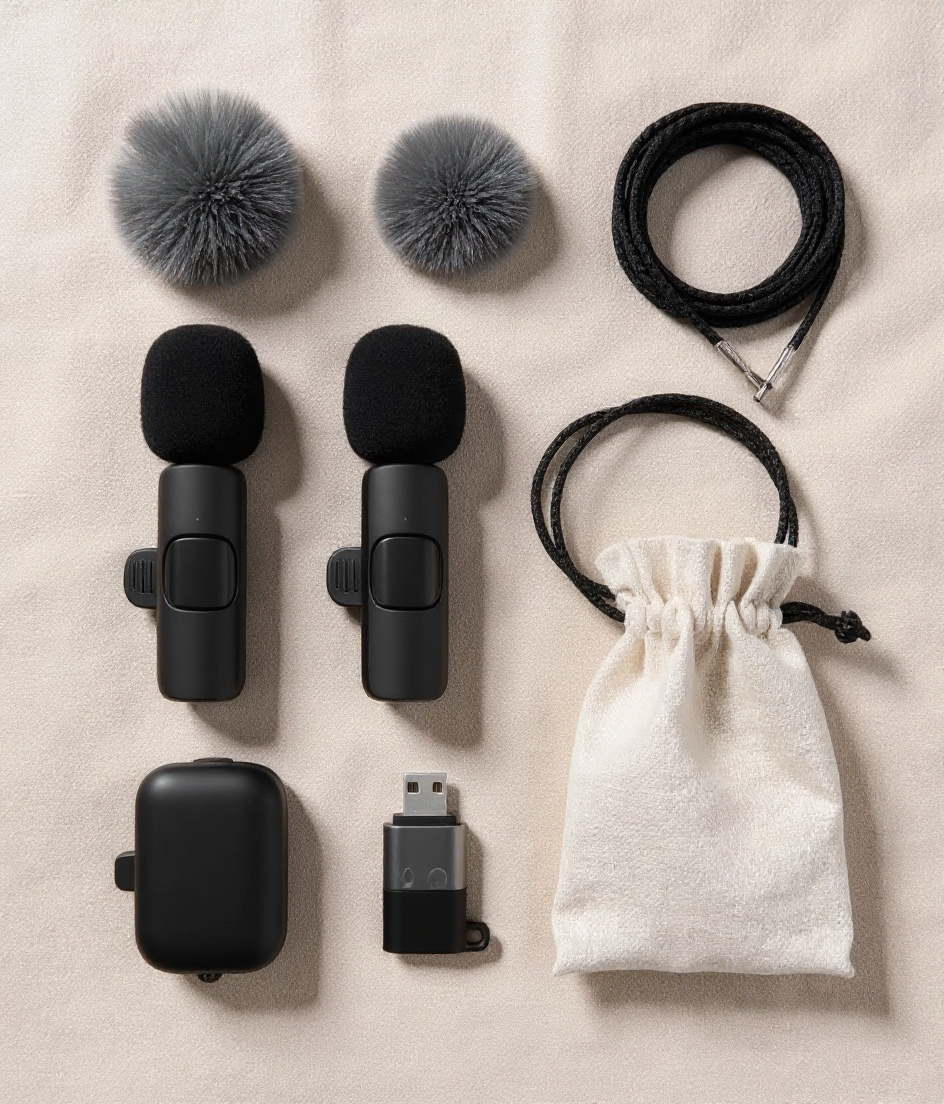 Yini kit flat-lay: two mics with foam caps, two furry windscreens, USB-C receiver, iOS adapter, braided cable, and linen pouch on cream fabric