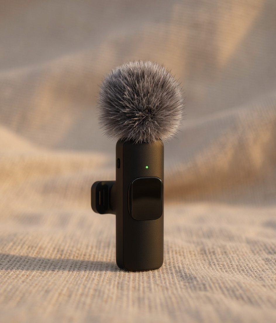 Yini mic with grey furry dead-cat windscreen on natural linen fabric, editorial lighting