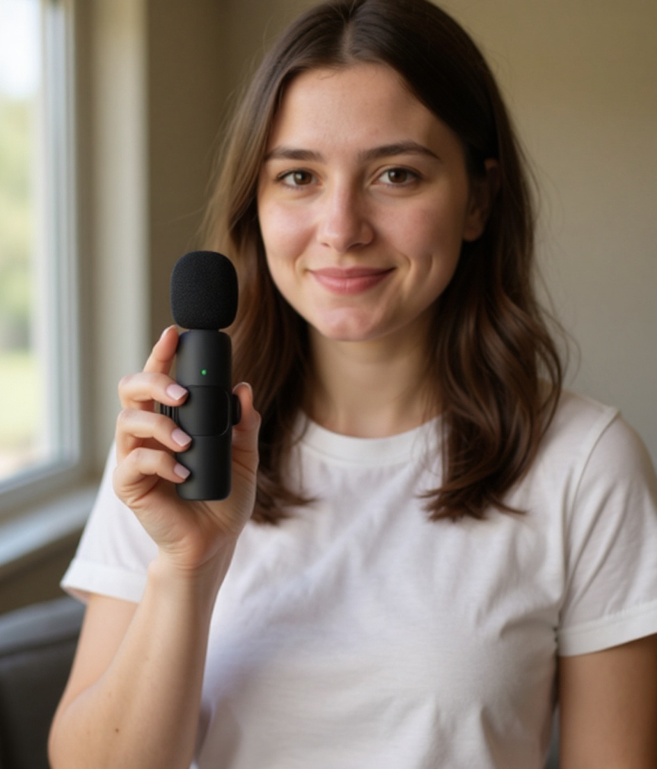 A creator holding the Yini wireless lavalier mic