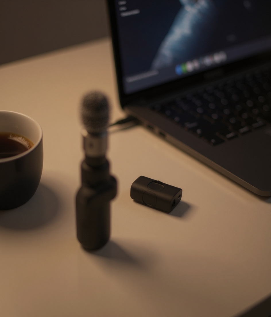 Yini mic plugged into a MacBook on a warm desk