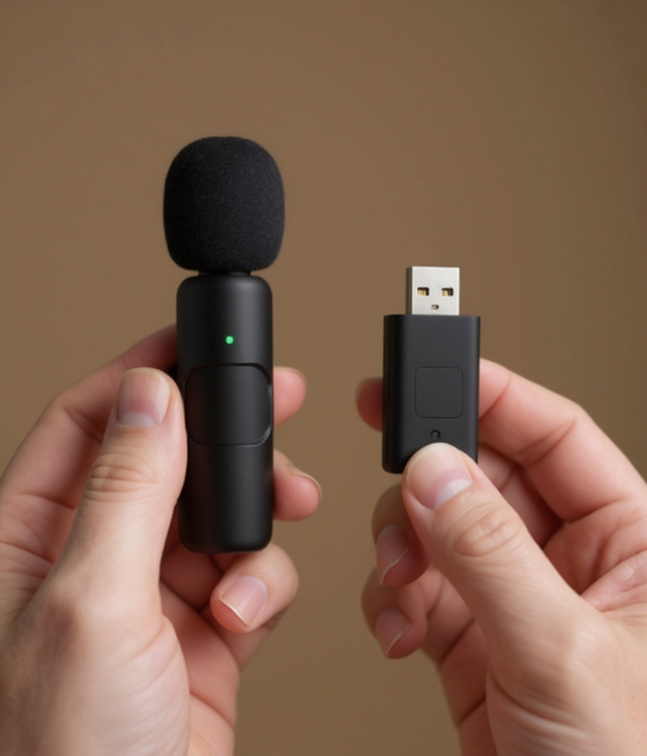 Hand holding the Yini mic and USB-C receiver