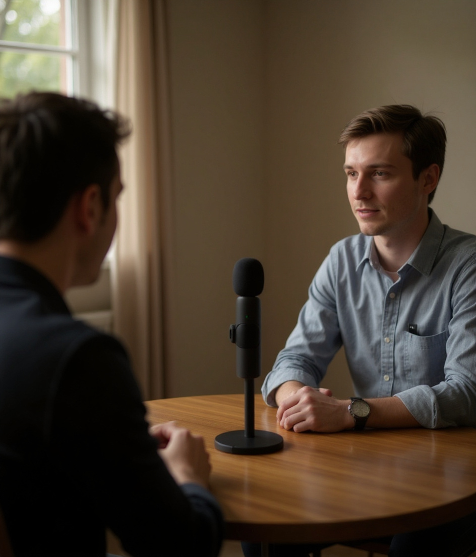 Two creators recording a podcast interview, each with Yini mic