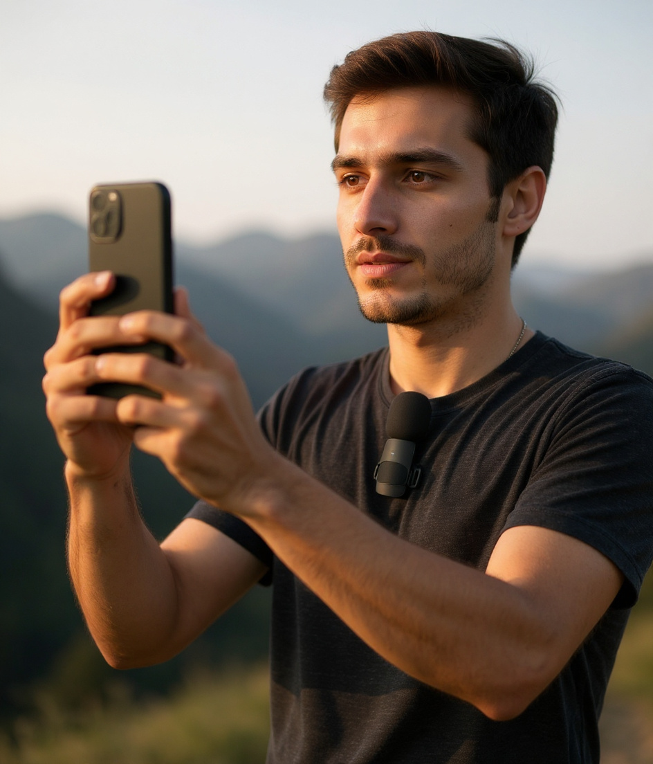 Travel vlogger filming outdoors with Yini clipped on